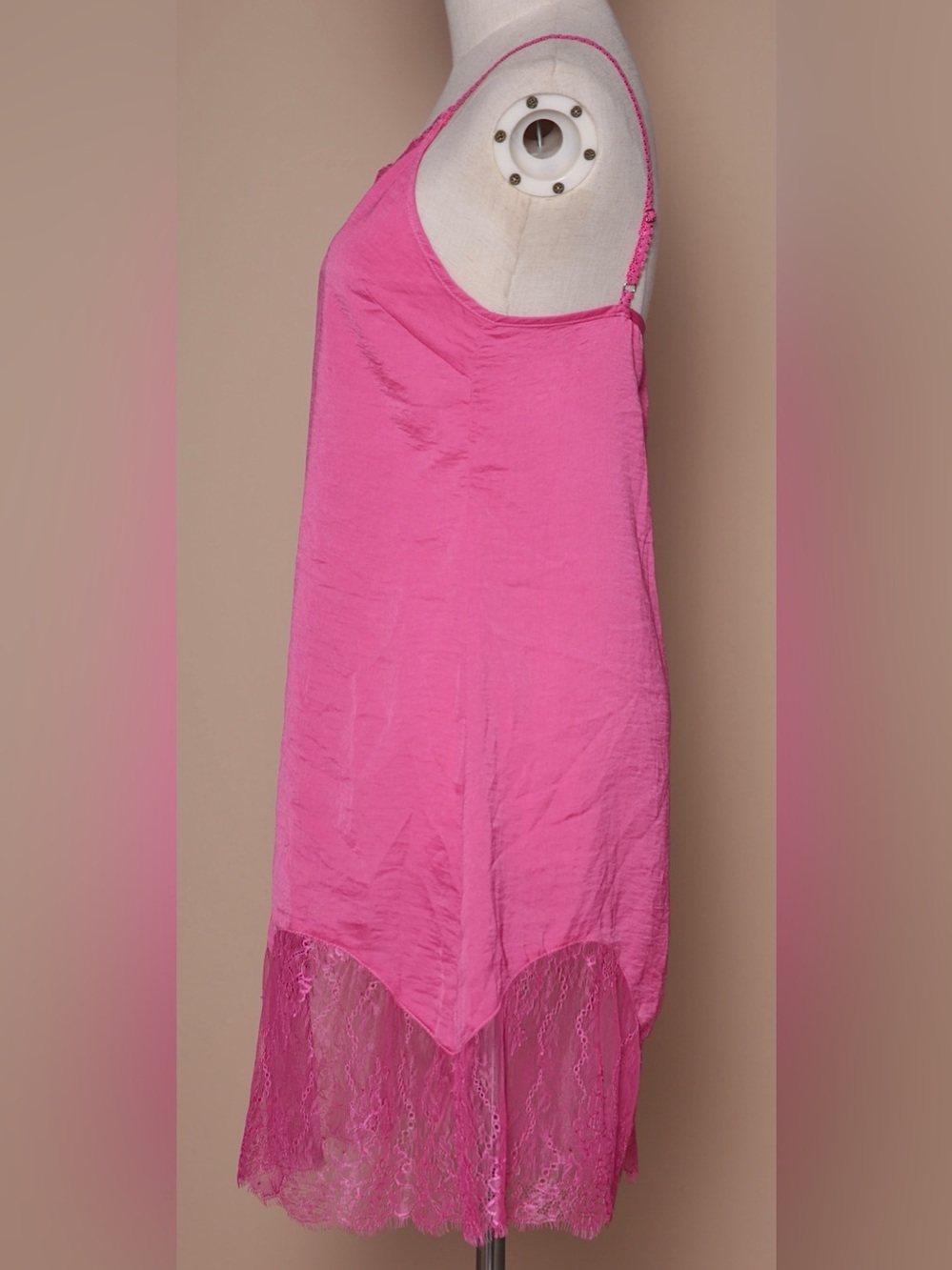 POL Pink Satin Lace Slip Dress Boho Romantic Midi Adjustable Straps - Picture 3 of 6
